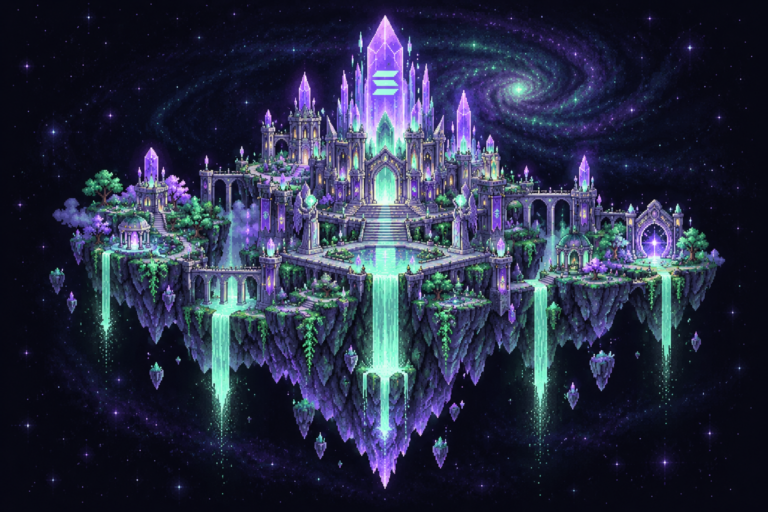 Grand pixel fantasy citadel with violet crystal towers, mint-green waterfalls and a spiral galaxy